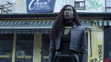 Titans TV series Outfits: Kory Anders (Anna Diop) is wearing Crop leather jacket in season 3, episode 8