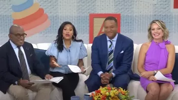 Camisa vaquera con mangas abullonadas con pliegues Frame usada por Sheinelle Jones como se ve en Today el 25 de junio de 2024