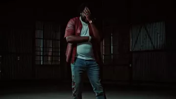 Amiri Clay Indigo & Red Leather Bones Jeans worn by Tee Grizzley in Tee Grizzley - Robbery 7 [Official Video]