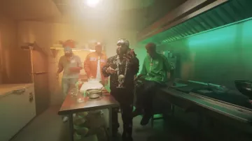 Digitalgroupi3 Black Leather Pearl Flower Patch Pants worn by El Alfa in El Alfa "El Jefe", Yaisel LM, Shelow Shaq, Young Gatillo, El Sicokario, Yomel - LA MANTECA DE CACAO