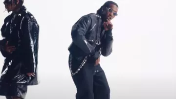 EZR Black Leather Upside Down Biker Jacket worn by Offset in Offset x Gunna - Style Rare