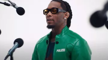 Blouson Moto Polizei en cuir vert Vetements porté par Offset en Offset x Gunna - Style Rare