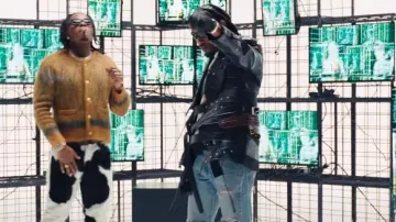 Chaqueta de cuero con correa de cinturón negro Junya Watanabe usada por Offset en Offset x Gunna - Estilo Rare