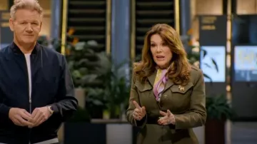 Elisabetta Franchi Redingote Coat in Army Green worn by Lisa Vanderpump as seen in Gordon Ramsay's Food Stars (S02E02)