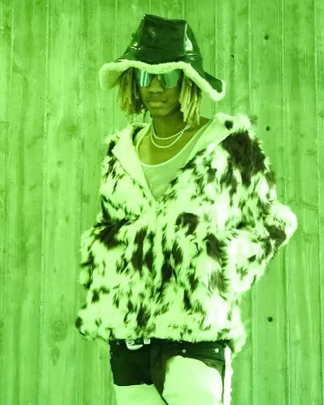 Rich Amiri Outfits: Bluemarble White & Black Cow Print Faux Fur Jacket worn on his Instagram account @richamiri