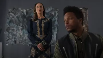 Etro Navy Blue Embroidered Geo Print Cady Long Sleeve Midi A-Line Dress worn by Jenny Sullivan (Paton Ashbrook) as seen in Power Book II: Ghost (S04E05)