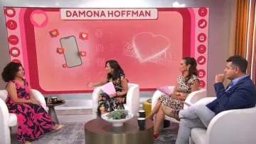 Vestido midi sin mangas con cuello en V de DKNY usado por Damona Hoffman visto en CBS Mornings el 5 de julio de 2024