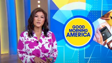 Ann Taylor Floral Camp Shirt in Magenta Shadow worn by Juju Chang as seen in Good Morning America on June 28, 2024