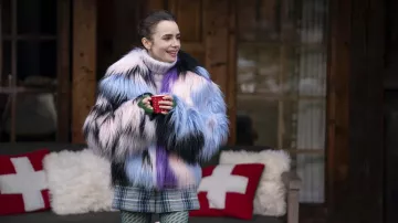 Emily in Paris Wardrobe: Emily Cooper (Lily Collins) is wearing Missoni Multicolor Fur Jacket in season 4 of the TV series
