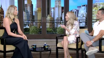 Oscar de la Renta Halter Button-Front Pinstripe Tailored Blouse worn by Kate Upton as seen in LIVE with Kelly and Mark on July 9, 2024