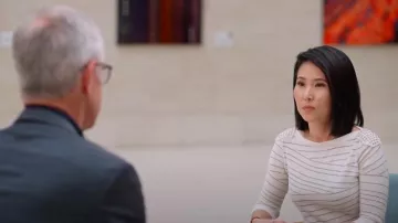 Armani Exchange Studded Shoulders Metallic Stripe Sweater worn by Vicky Nguyen as seen in Today on  July 9, 2024