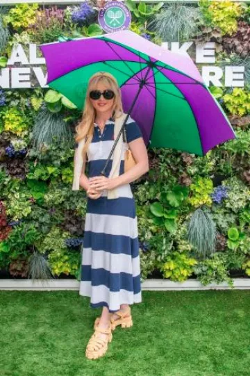 Polo Ralph Lauren Striped Stretch Cotton Mesh Polo Dress worn by  Kathryn Newton at Wimbledon on July 6, 2024
