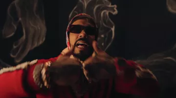 Prada Burgundy Rectangle Symbole Sunglasses worn by Anuel AA in ANUEL AA, YOVNGCHIMI - Baby Demon (Video Oficial)