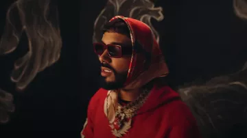 Louis Vuitton Beige & Red Bejewelled Silk Scarf worn by Anuel AA in ANUEL AA, YOVNGCHIMI - Baby Demon (Video Oficial)