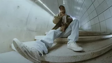 Members of the Rage Light Wash Blue & Pink Logo Patch Jeans worn by Kid Cudi in Kid Cudi - SUPERBOY [Official Video]