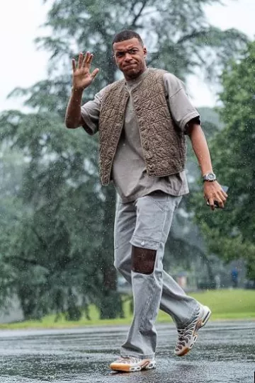 Kylian Mbappé wears Dior x Stone Island Grey & Brown Patch Pants at Clairefontaine before UEFA Euro 2024