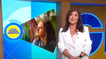 Cinq a Sept Khloe Ditsy Dots Denim Blazer worn by Juju Chang as seen in Good Morning America on July 12, 2024