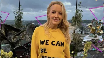 Lauren Laverne is wearing We could be heroes Jumper in yellow in Glastonbury Festival for BBC Music