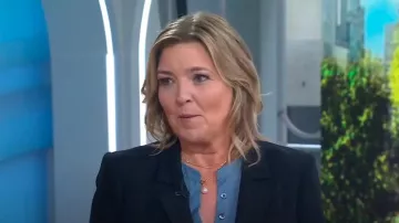 Veronica Beard Coralee Puff Sleeve Top in Slate Blue worn by Christine Romans as seen in Today on July 18, 2024