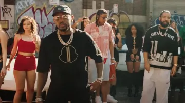 Moncler x Rick Owens Black Logo Oversized T Shirt worn by Fabolous in French Montana Fabolous Fivio Foreign - “To The Moon” ( Official Video)