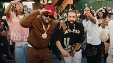 Saint Laurent Brown Satin Trim Sweatpants worn by Fivio Foreign in French Montana Fabolous Fivio Foreign - “To The Moon” ( Official Video)