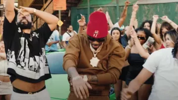 Saint Laurent Brown Logo Satin Trim Hoodie worn by Fivio Foreign in French Montana Fabolous Fivio Foreign - “To The Moon” ( Official Video)