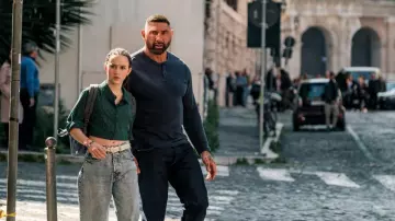 My Spy the Eternal City Wardrobe: Dave Bautista wzars Navy Blue Henley Top to play JJ in the movie
