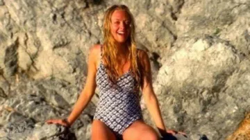 Mamma Mia! Movie Outfits: Sophie (Amanda Seyfried) is wearing Blue Swimsuit