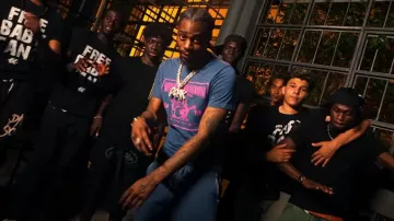 True Religion Navy Blue & Pink SRS Buddha T Shirt worn by Russ in Russ Millions, Baby Gang - Any Location (Official Video)