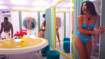 Pretty Little Thing Blue Hammered Trim Bottom Set worn by Katherine LaPrell as seen in Too Hot to Handle (S06E01)