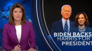 Blazer de doble tela de lana y seda Max Mara usado por Norah O'Donnell visto en CBS Evening News el 22 de julio de 2024
