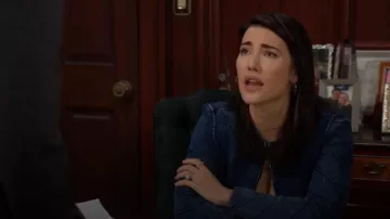 Herve Leger The Riley Denim Bandage Jacket worn by  Steffy Forrester(Jacqueline MacInnes Wood) as seen in The Bold and the Beautiful on  July 19, 2024