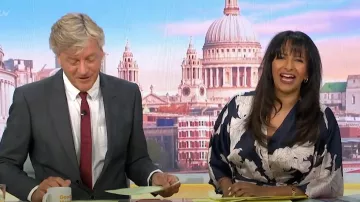 Needs No Label Navy Leaf Kimono Sleeve Jumpsuit worn by Ranvir Singh as seen in Good Morning Britain on July 18, 2024