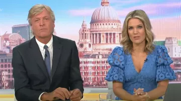 8th Sign Callie Crocher Lace Midi Dress in Cornflower Blue worn by Charlotte Hawkins as seen in Good Morning Britain on July 18, 2024