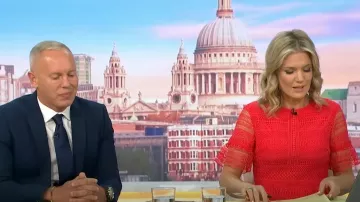 Coast Lace Trim Detail Midi Dress in Coral worn by Charlotte Hawkins as seen in Good Morning Britain on July 19, 2024