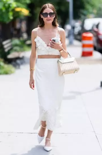 Valextra Iside Mini Leather-Trimmed Raffia Tote worn by Olivia Palermo in New York City on July 18, 2024