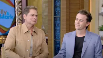 Paul Smith Tan Stretch Cotton-Twill Trucker Jacket worn by Rob Lowe as seen in LIVE with Kelly and Mark on  July 24, 2024