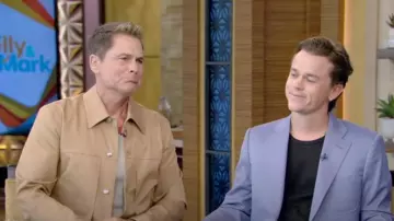 Paul Smith Tan Stretch Cotton-Twill Trucker Jacket worn by Rob Lowe as seen in LIVE with Kelly and Mark on  July 24, 2024