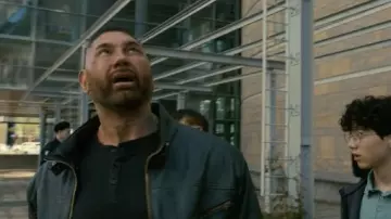 My Spy the Eternal City Outfits: Dave Bautista is wearing Black Leather Jacket to play JJ in the movie