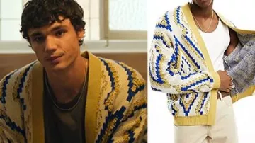 Elite TV series outfits: Joel (Fernando Lindez) is wearing Aztec Boucle Blue Knitted Cardigan in season 8, episode 3