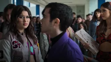 Miss Selfridge Faux Leather Metallic Bomber Jacket in Pink worn by Sonia (Nadia Al-Saidi Ayala) as seen in Elite (S08E08)