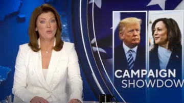 Alexander McQueen Chaqueta blazer de mezclilla a medida usada por Norah O'Donnell vista en CBS Evening News el 30 de julio de 2024