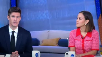 Maje Manamaille Herringbone Cardigan worn by Eva Pilgrim as seen in Good Morning America  on July 25, 2024