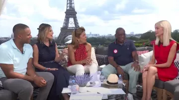 Veronica Beard Kovi Top in Brick Red worn by Hoda Kotb as seen in Today on  August 1, 2024