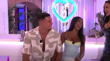 Jarlo high neck trophy maxi dress with open back detail in lemon worn by Molly Mae Hague in Love Island Season 05 Episode 57 Spotern