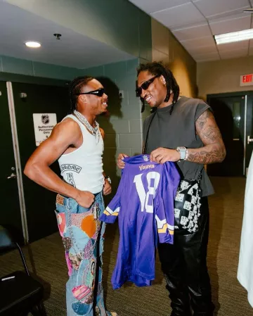 Kapital Blue Insane Hippie Patchwork Jeans worn by Justin Jefferson on the Instagram account @futureking.pluto