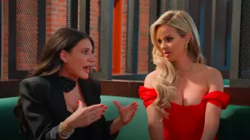 House of CB Loretta Off the Shoulder Satin Corset Dress worn by Jessy Taylor as seen in Owning Manhattan (S01E08)