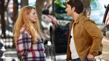 It Ends with Us Movie outfits: Blake Lively wears Plaid Wool Jacket to portray Lily Bloom