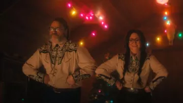 Scully Mens Tan Black Polyester Tooled Floral Shirt worn by Dr. Gene Thibodeau (Nick Offerman) as seen in The Umbrella Academy (S04E03)