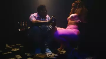 Guapi Aqua Blue Crystal Stud Stacked Jeans worn by Finesse2tymes in Finesse2Tymes - Pretty Ricky [Official Music Video]